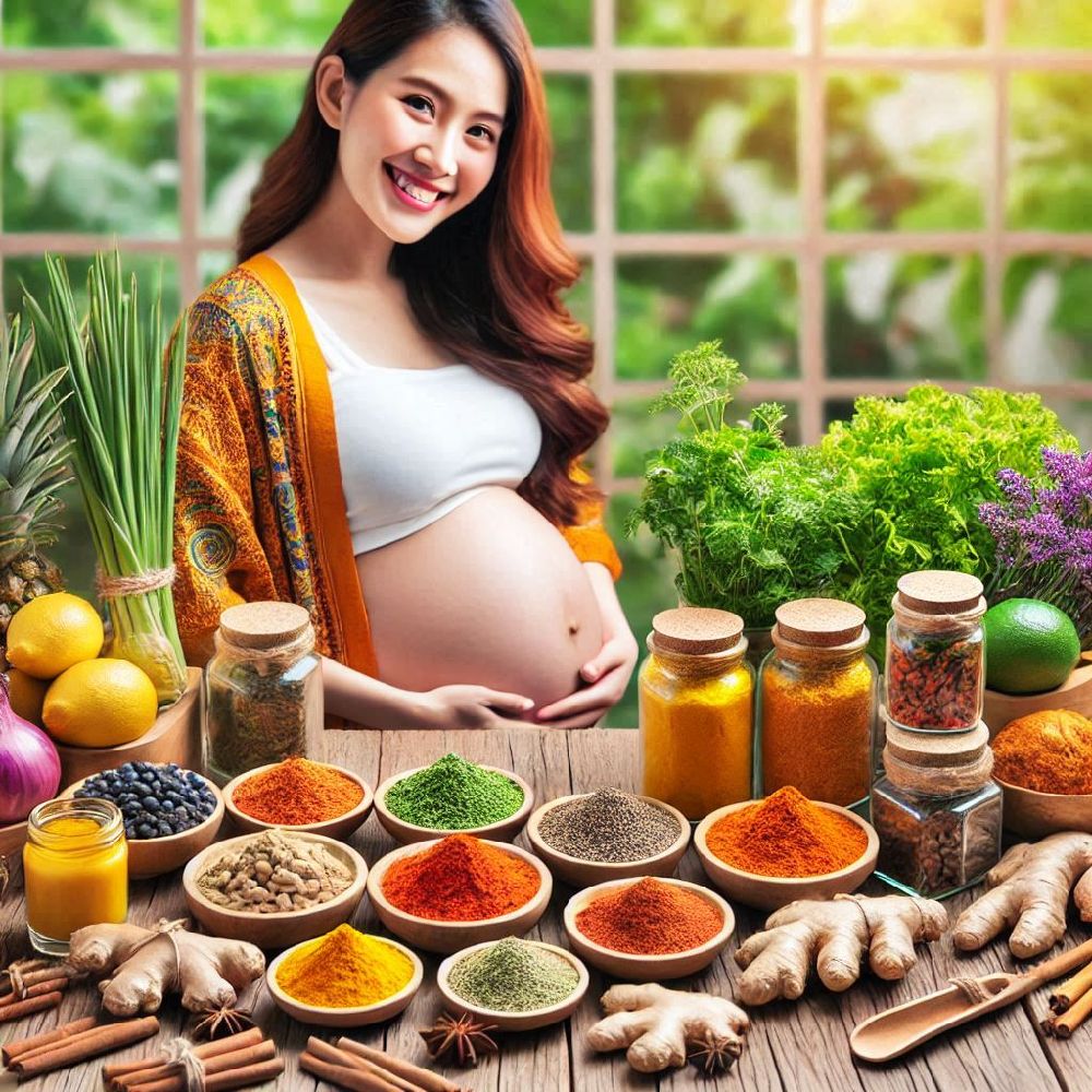 With a confident yet calm expression, a glowing pregnant woman stirs a vibrant curry filled with aromatic spices like turmeric, garlic, and chili. Her pregnancy glow is complemented by the natural brightness of the ingredients. The air around her seems alive with the promise of good health, and her careful attention to the spices hints at her commitment to nourishing both her body and her growing baby. The warmth of the meal matches the warmth she feels in this moment of anticipation and joy.